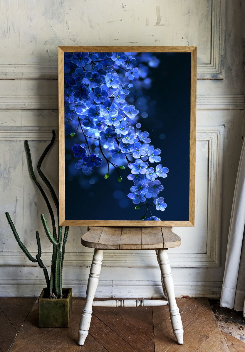 Blue Blossom Cascade Illustration Poster. room preview