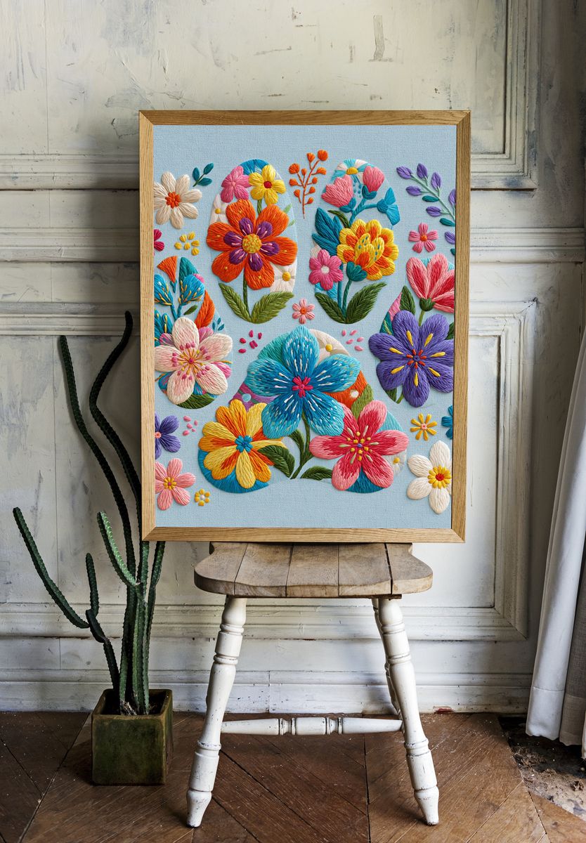 Embroidered Floral Bouquet Print. room preview