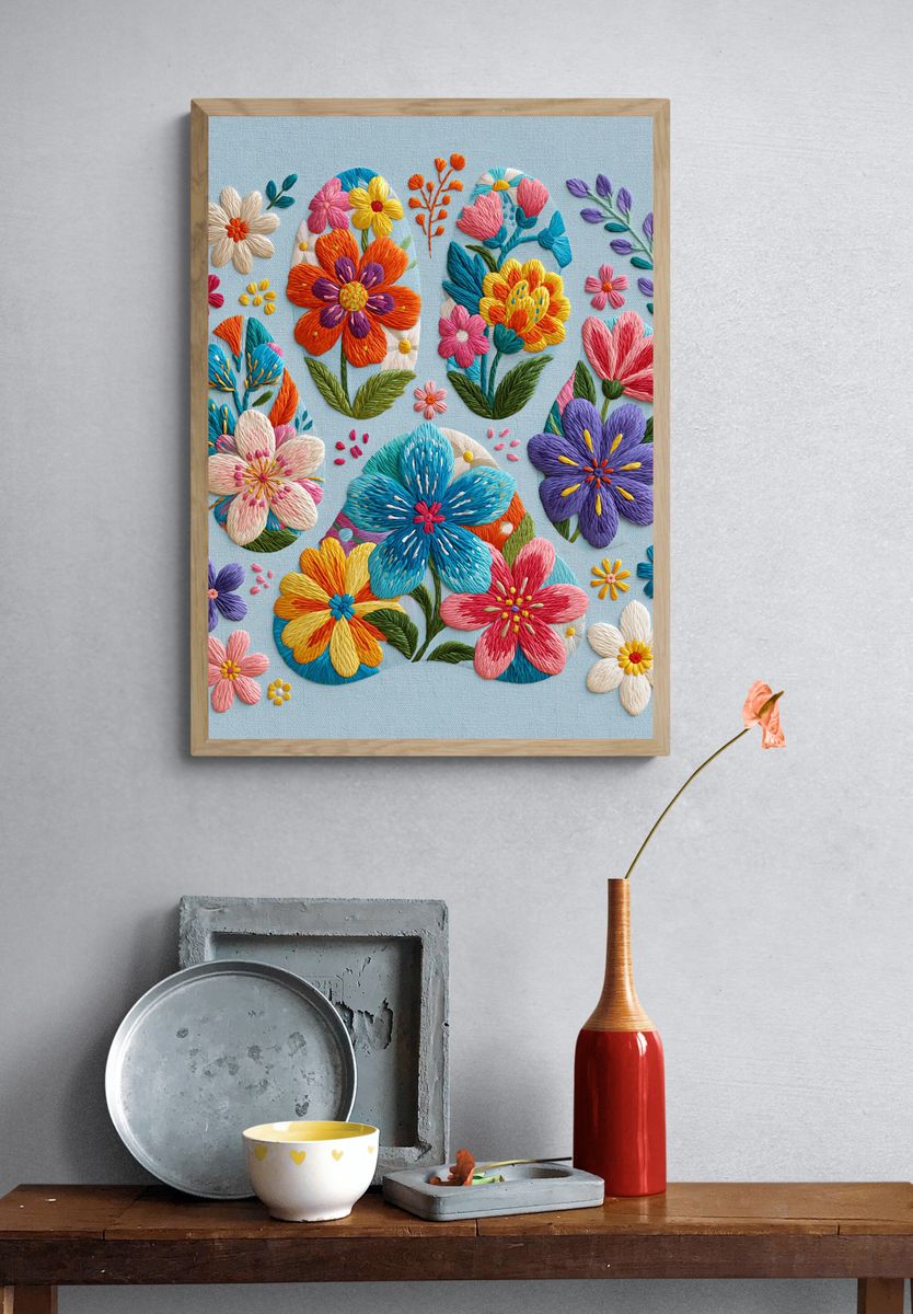 Embroidered Floral Bouquet Print. — room view 3
