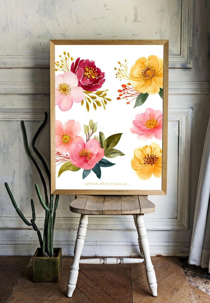 Watercolor Floral Bouquet Print. room preview