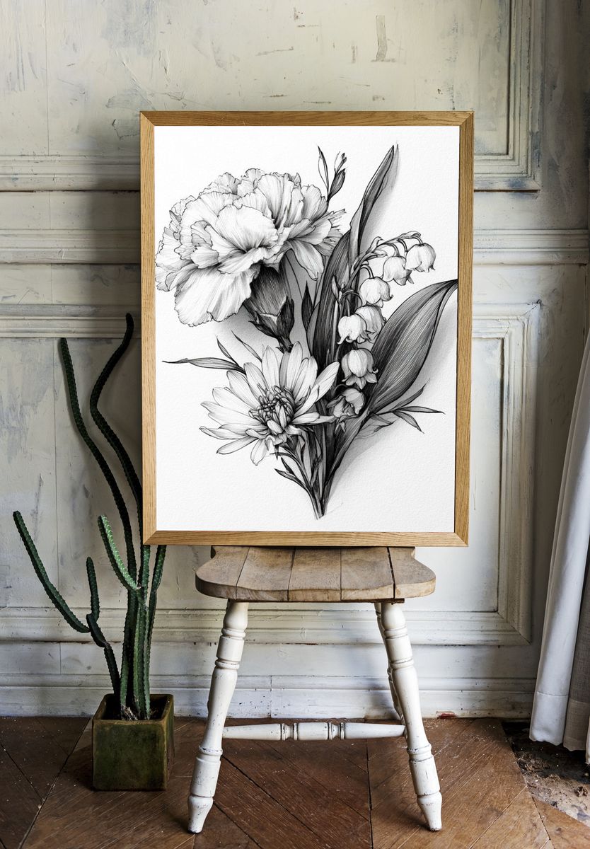Botanical Floral Sketch Print. room preview