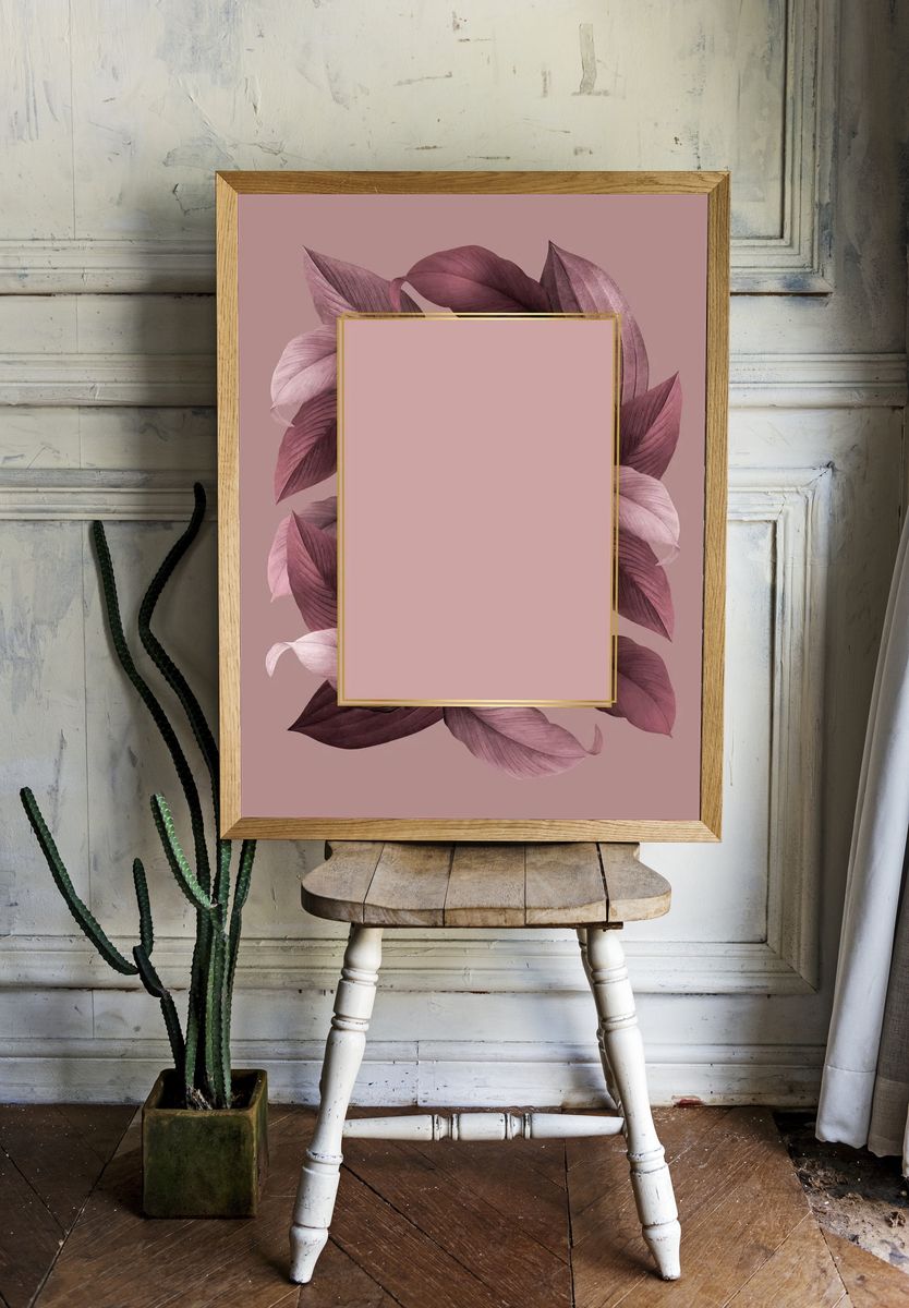 Golden frame pink leafy background. — room view 1