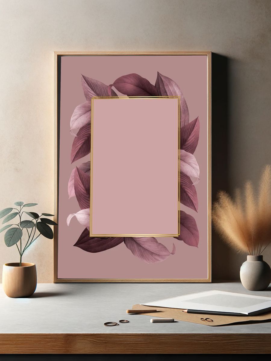 Golden frame pink leafy background. — room view 2