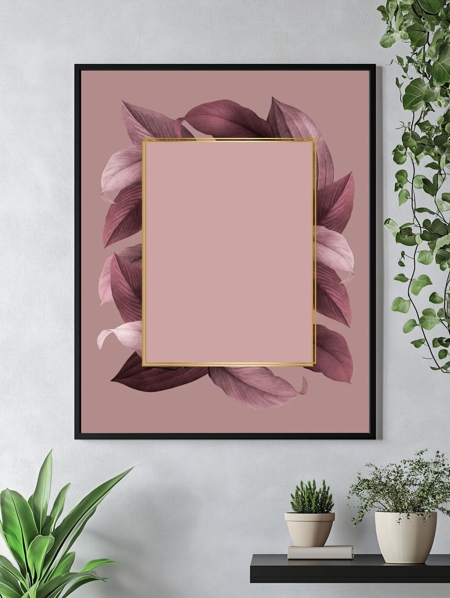 Golden frame pink leafy background. — room view 4