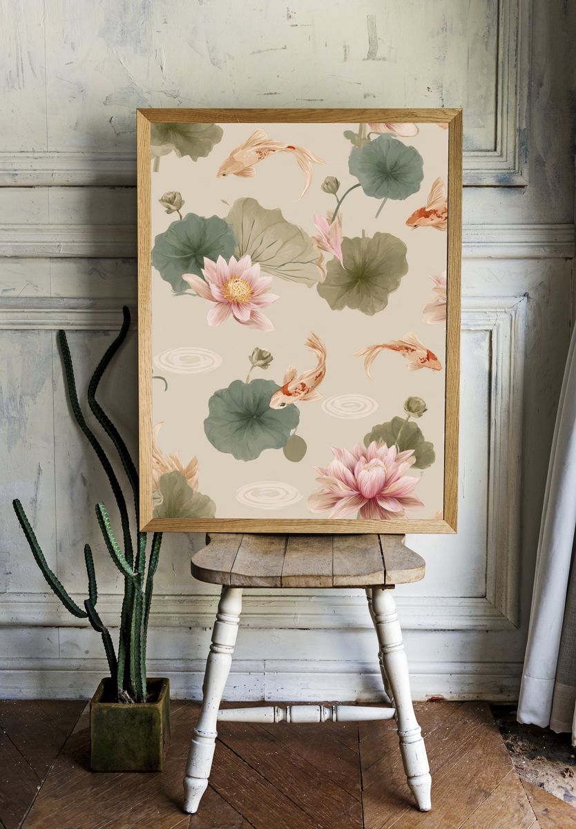 Koi and Lotus Garden Illustration Poster. — room view 1
