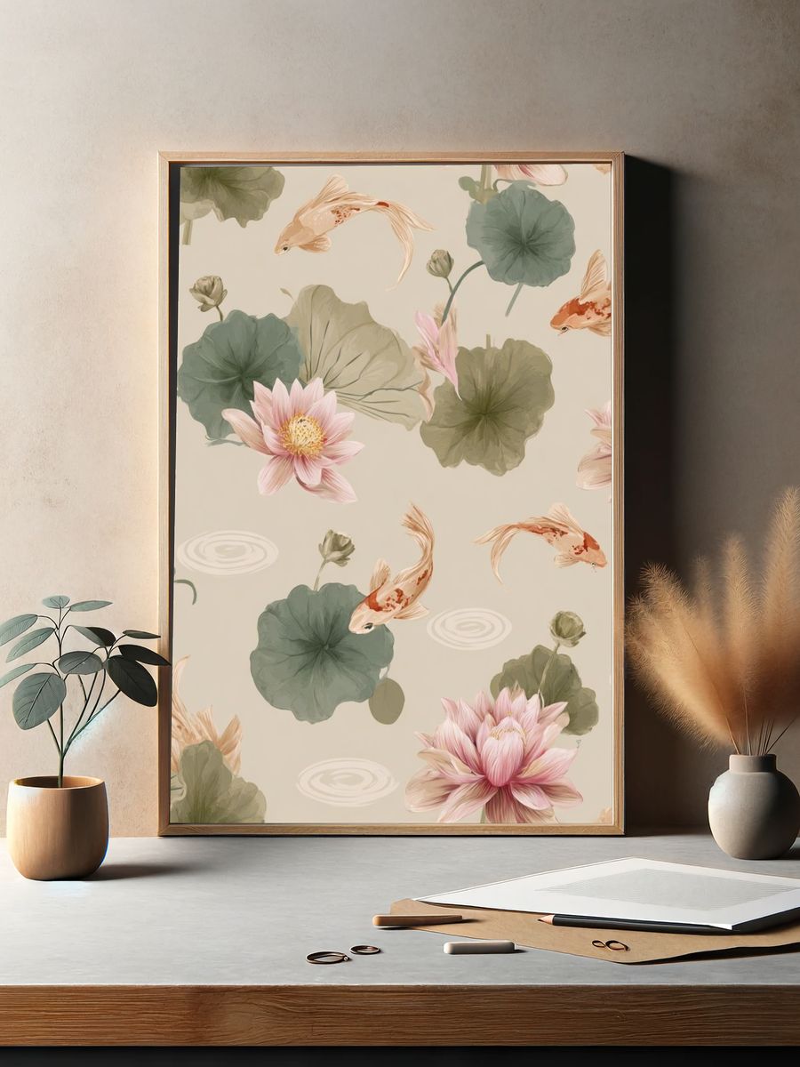 Koi and Lotus Garden Illustration Poster. — room view 2
