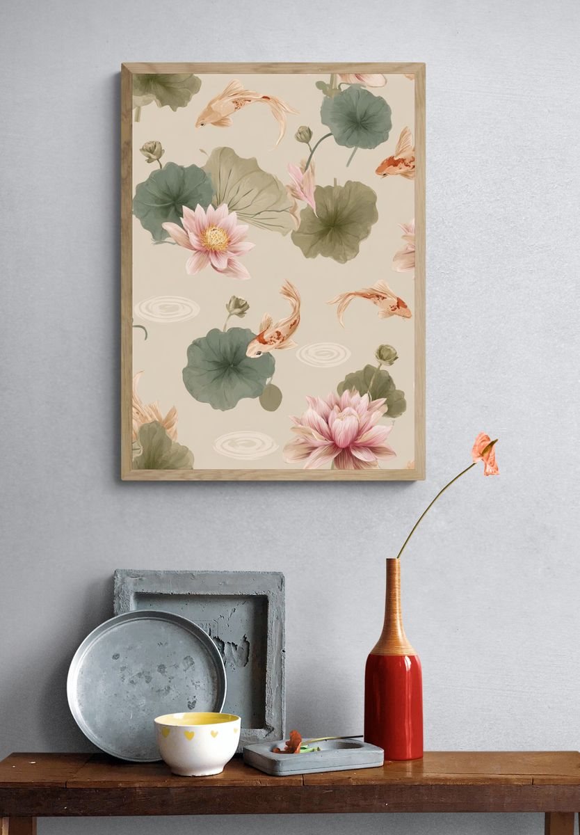 Koi and Lotus Garden Illustration Poster. — room view 3