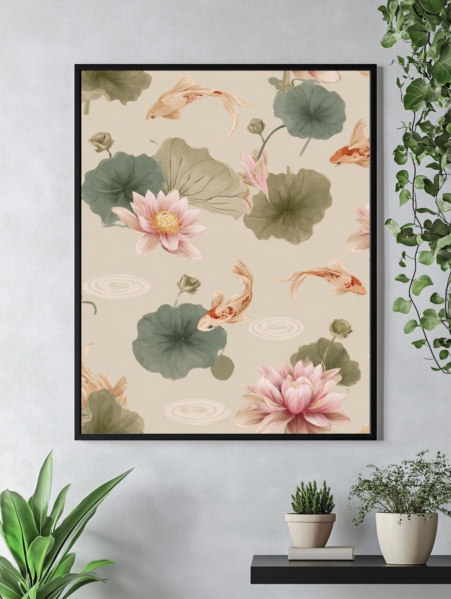 Koi and Lotus Garden Illustration Poster. — room view 4