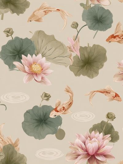 Koi and Lotus Garden Illustration Poster. poster print
