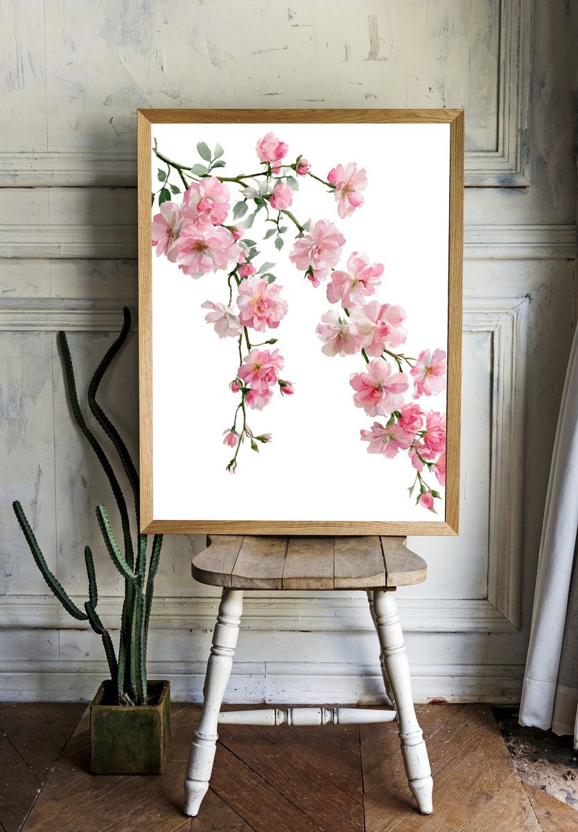 Pink Cherry Blossom Watercolor Print. room preview