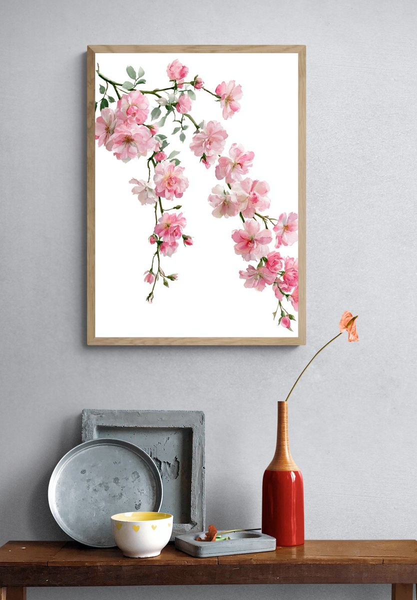 Pink Cherry Blossom Watercolor Print. — room view 3