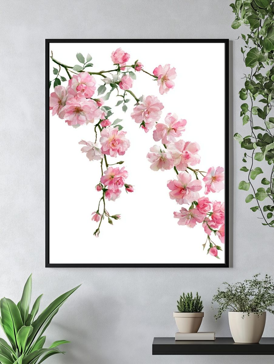 Pink Cherry Blossom Watercolor Print. — room view 4