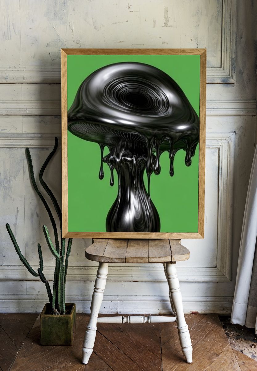 Glossy Black Mushroom Print. room preview