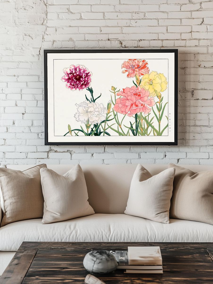 Carnation flower, Japanese woodblock art. room preview