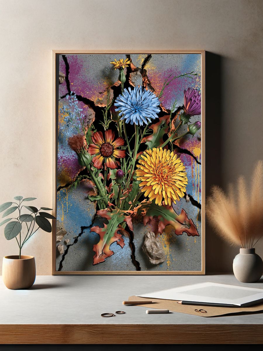 Cracked Bloom Floral Illustration Poster. — room view 2