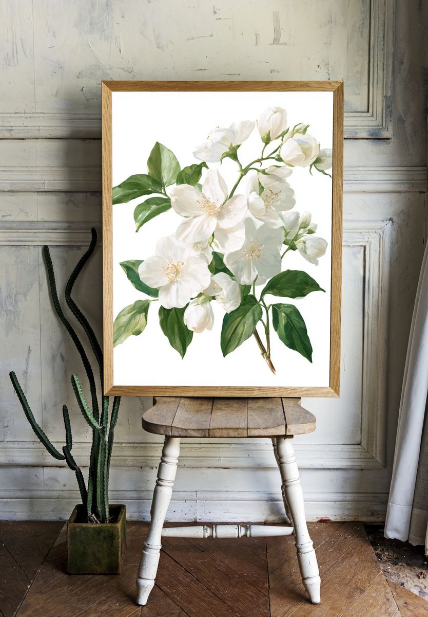 White Blossom Botanical Print. room preview