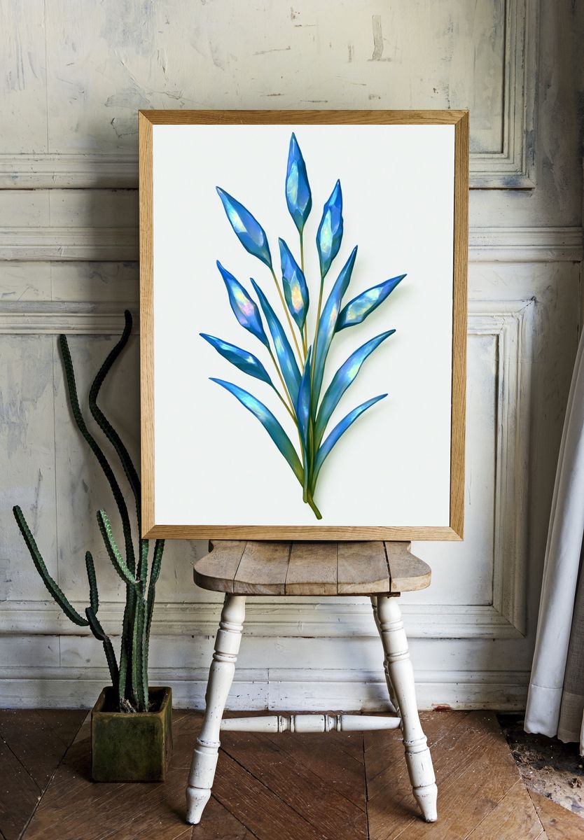 Blue Botanical Leaf Print. room preview