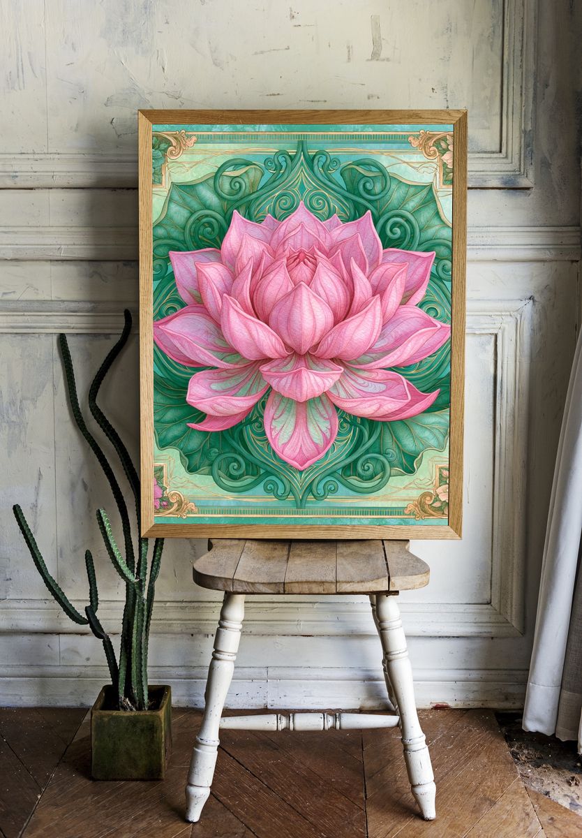 Pink Lotus Botanical Poster. — room view 1