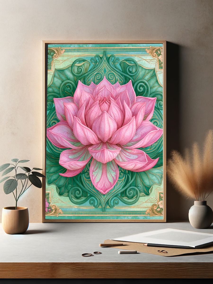 Pink Lotus Botanical Poster. — room view 2