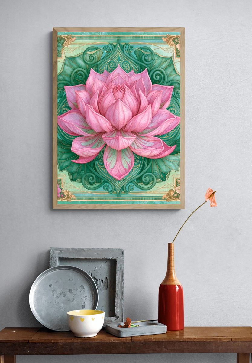 Pink Lotus Botanical Poster. — room view 3