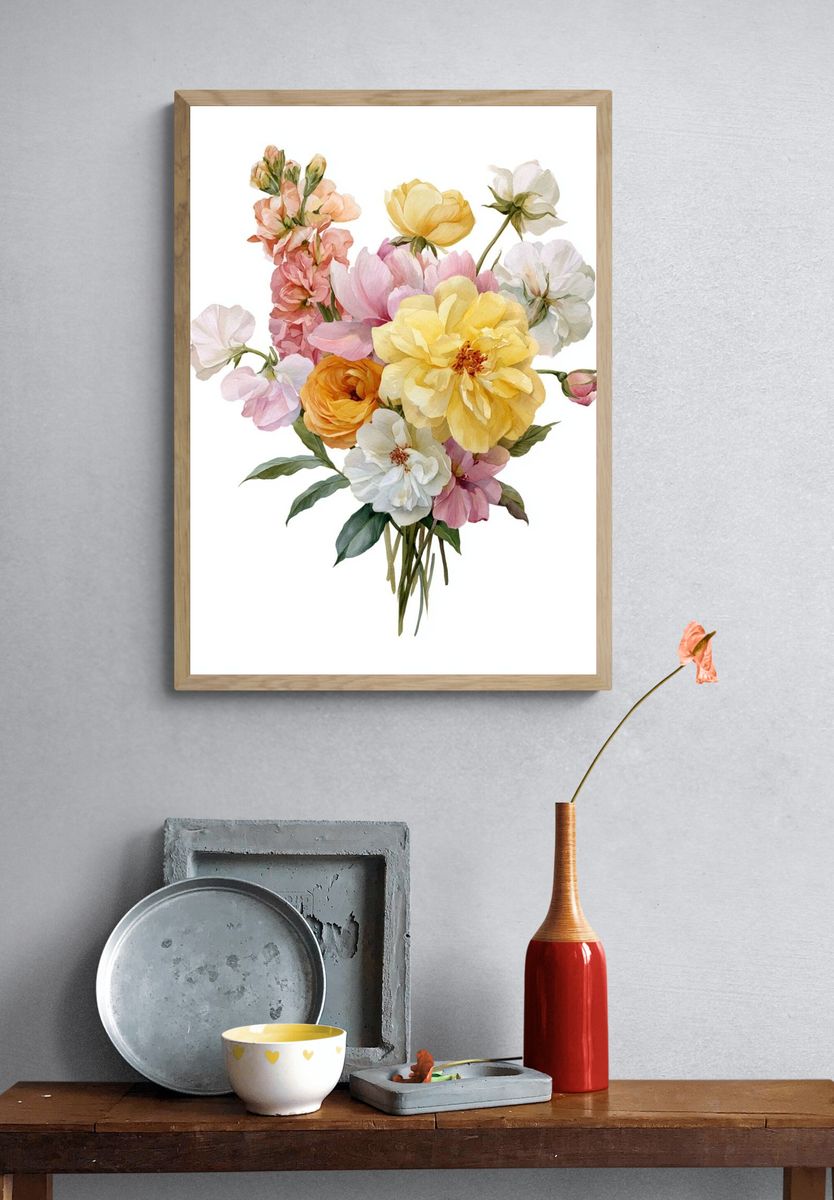 Pastel Floral Bouquet Watercolor Poster. — room view 3