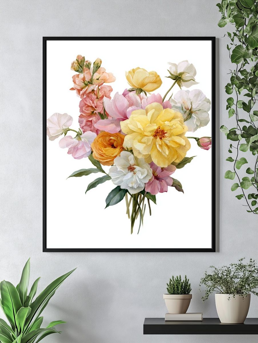 Pastel Floral Bouquet Watercolor Poster. — room view 4