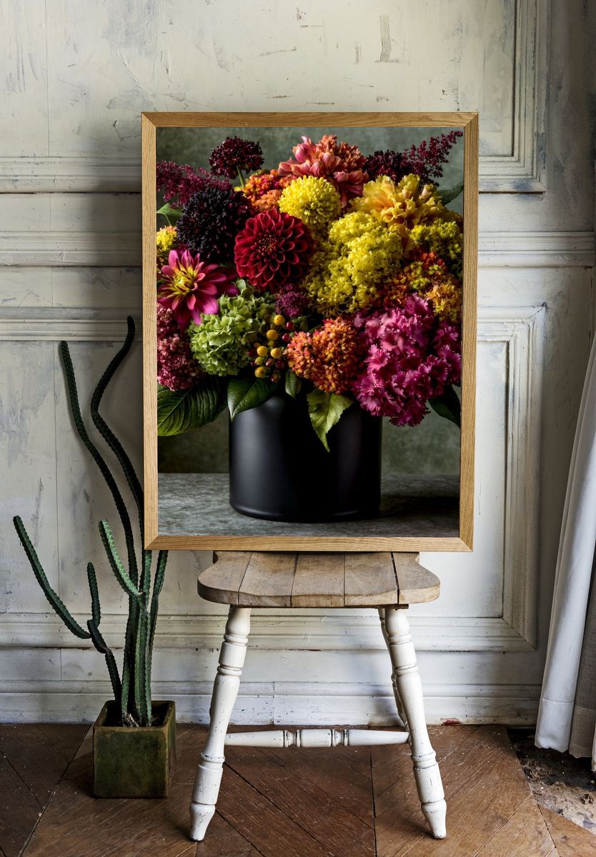 Vibrant Dahlia Bouquet Poster. room preview