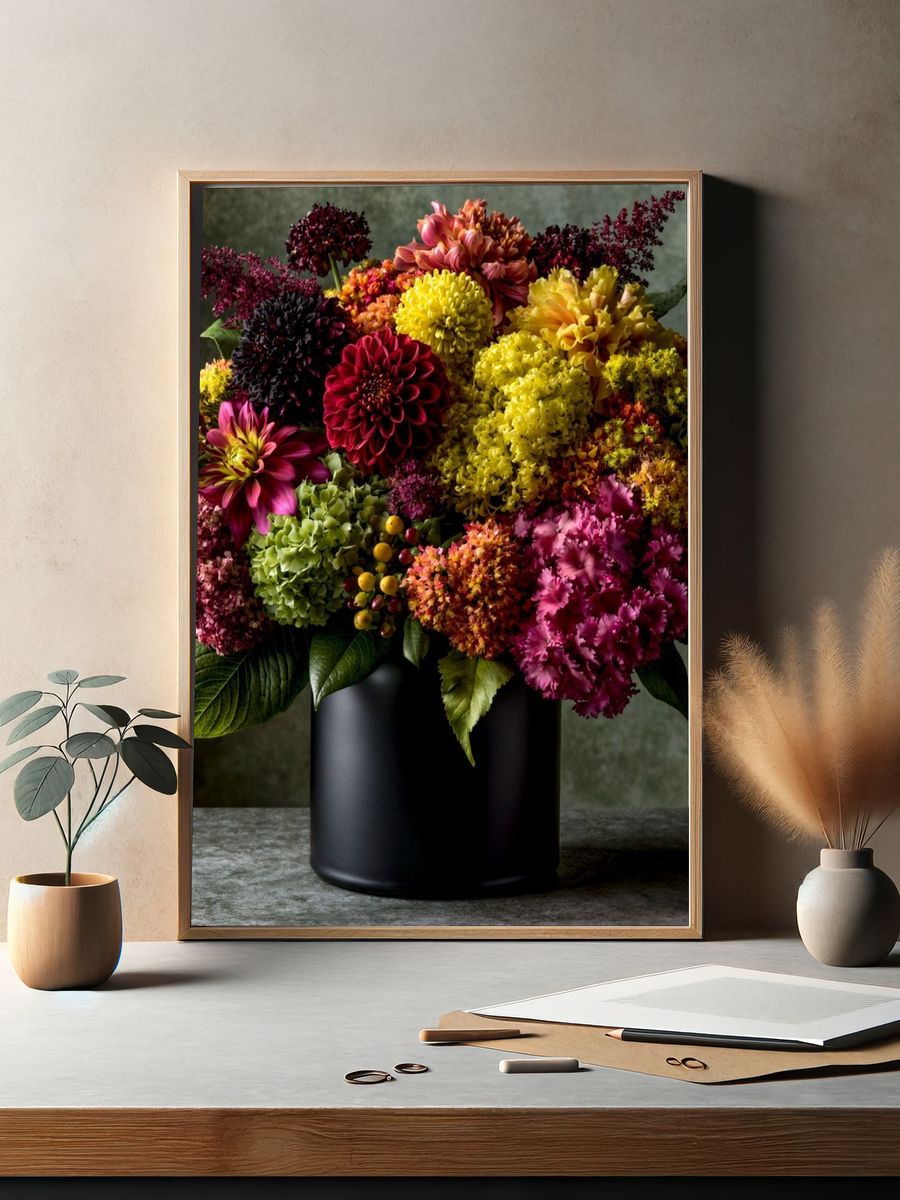 Vibrant Dahlia Bouquet Poster. — room view 2