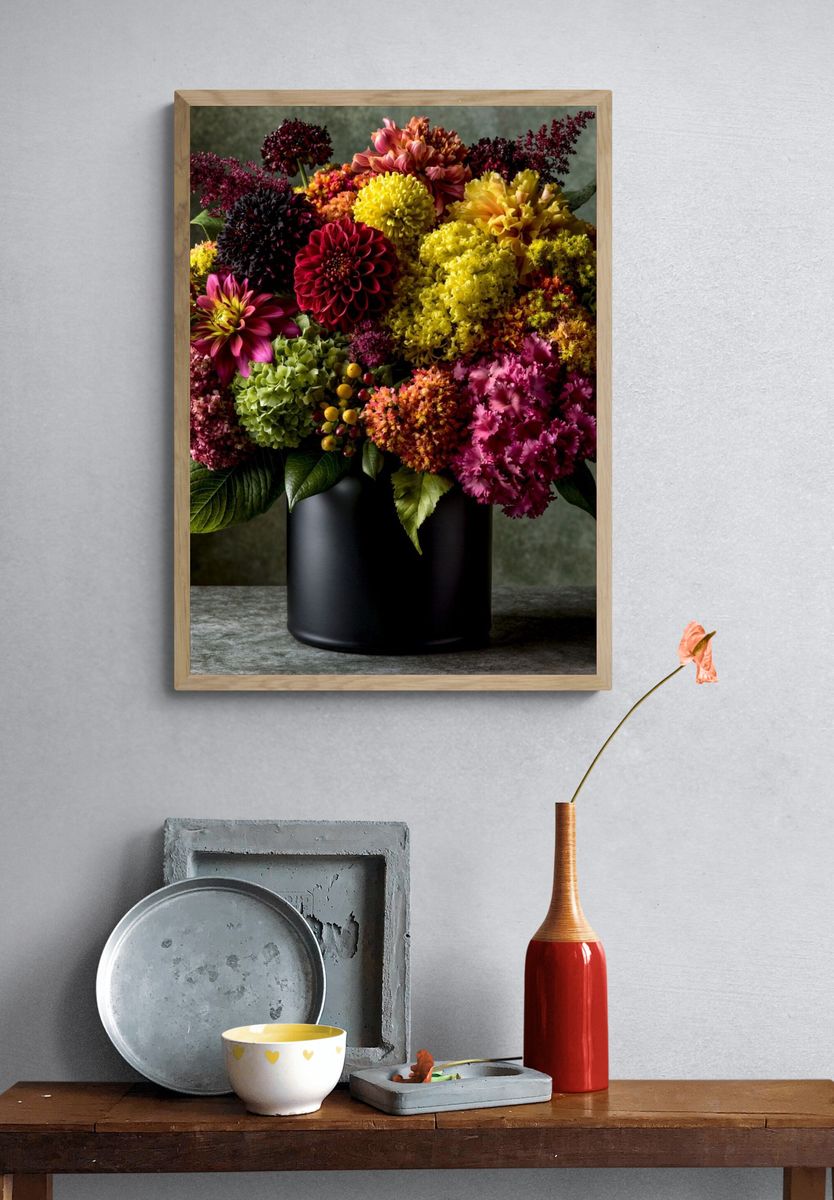Vibrant Dahlia Bouquet Poster. — room view 3