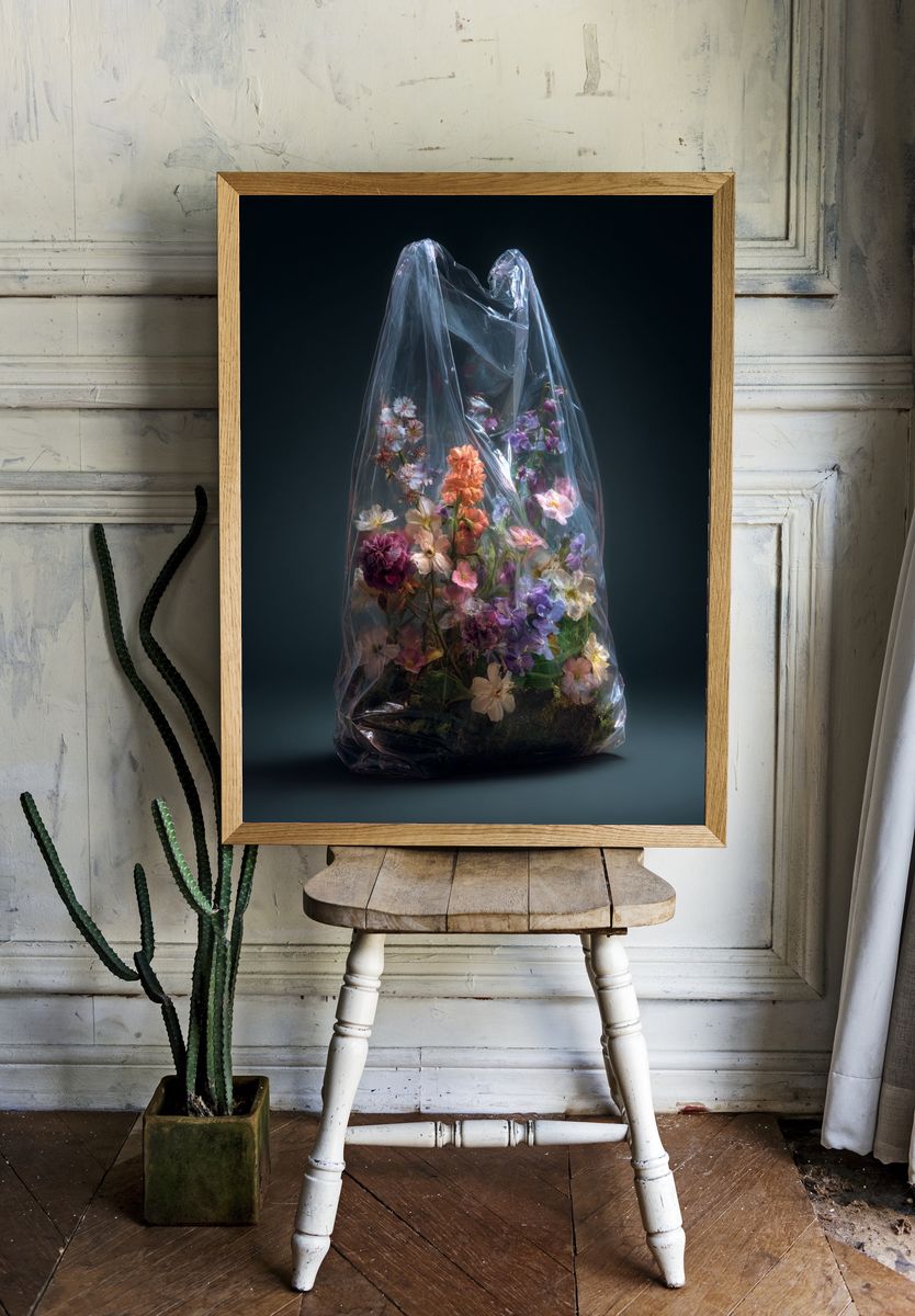 Plastic-Wrapped Flowers Illustration Print. room preview