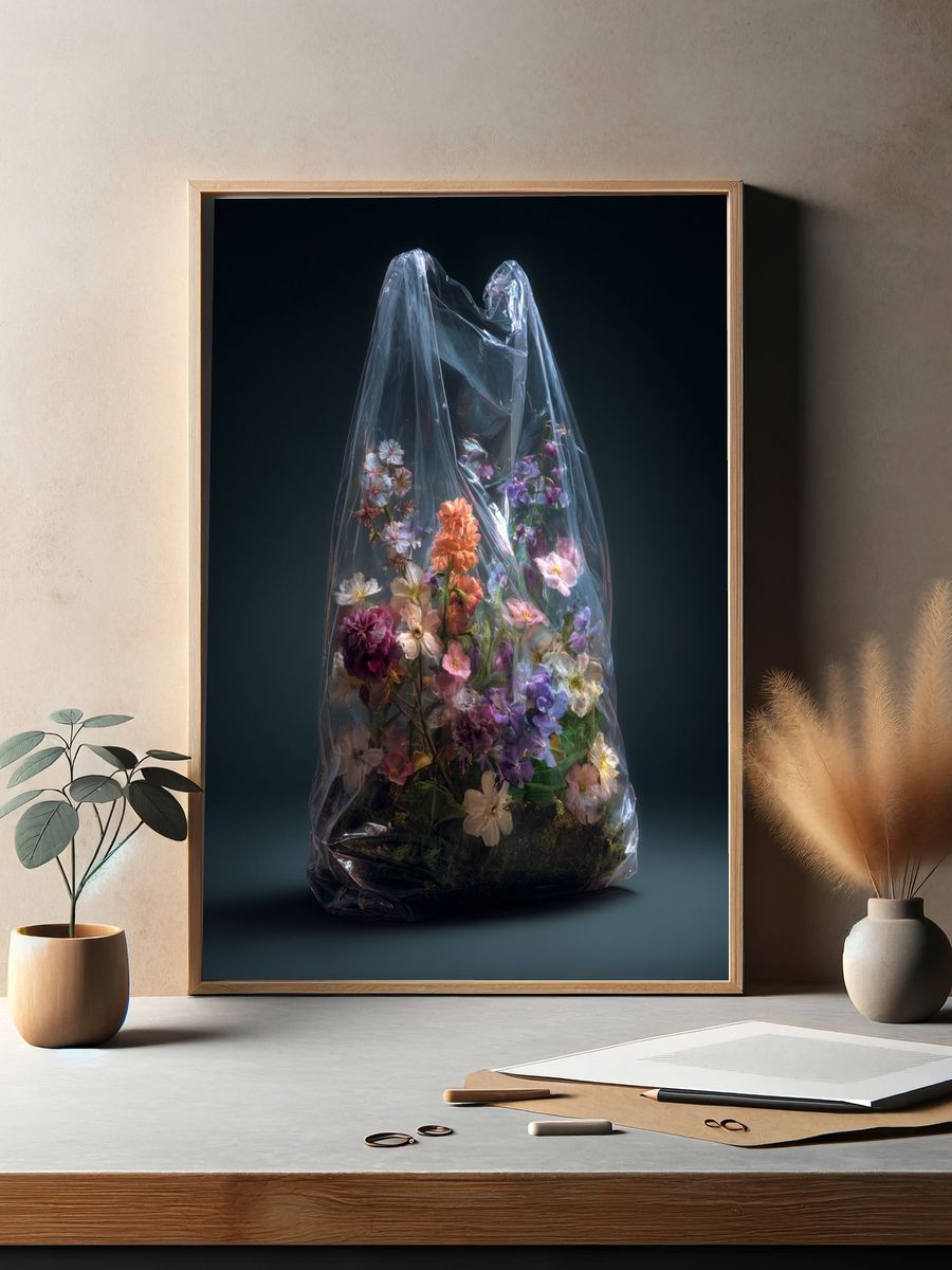 Plastic-Wrapped Flowers Illustration Print. — room view 2