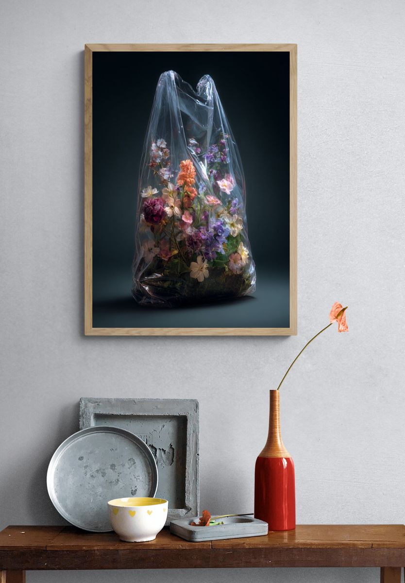 Plastic-Wrapped Flowers Illustration Print. — room view 3