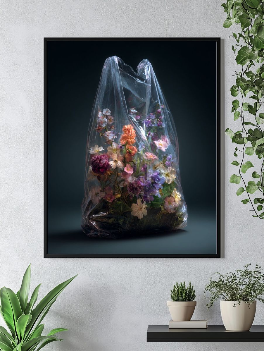 Plastic-Wrapped Flowers Illustration Print. — room view 4