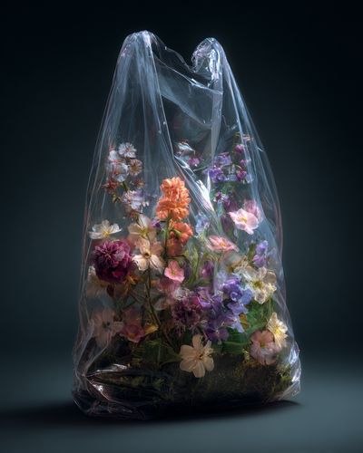 Plastic-Wrapped Flowers Illustration Print.