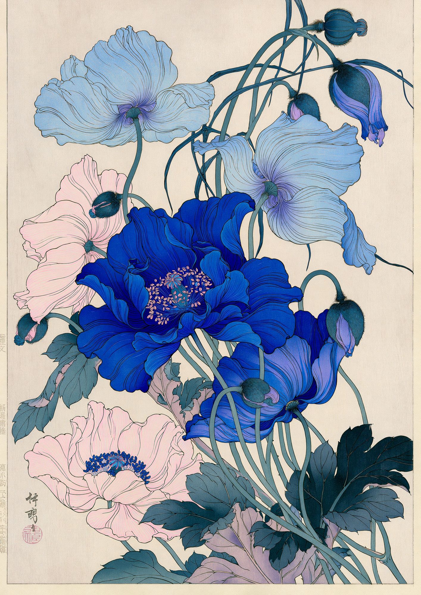 Blue Peonies Botanical Print. poster — botanical art