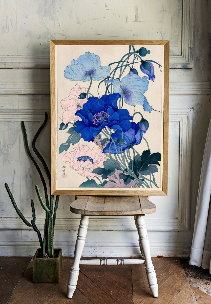 Blue Peonies Botanical Print. room preview