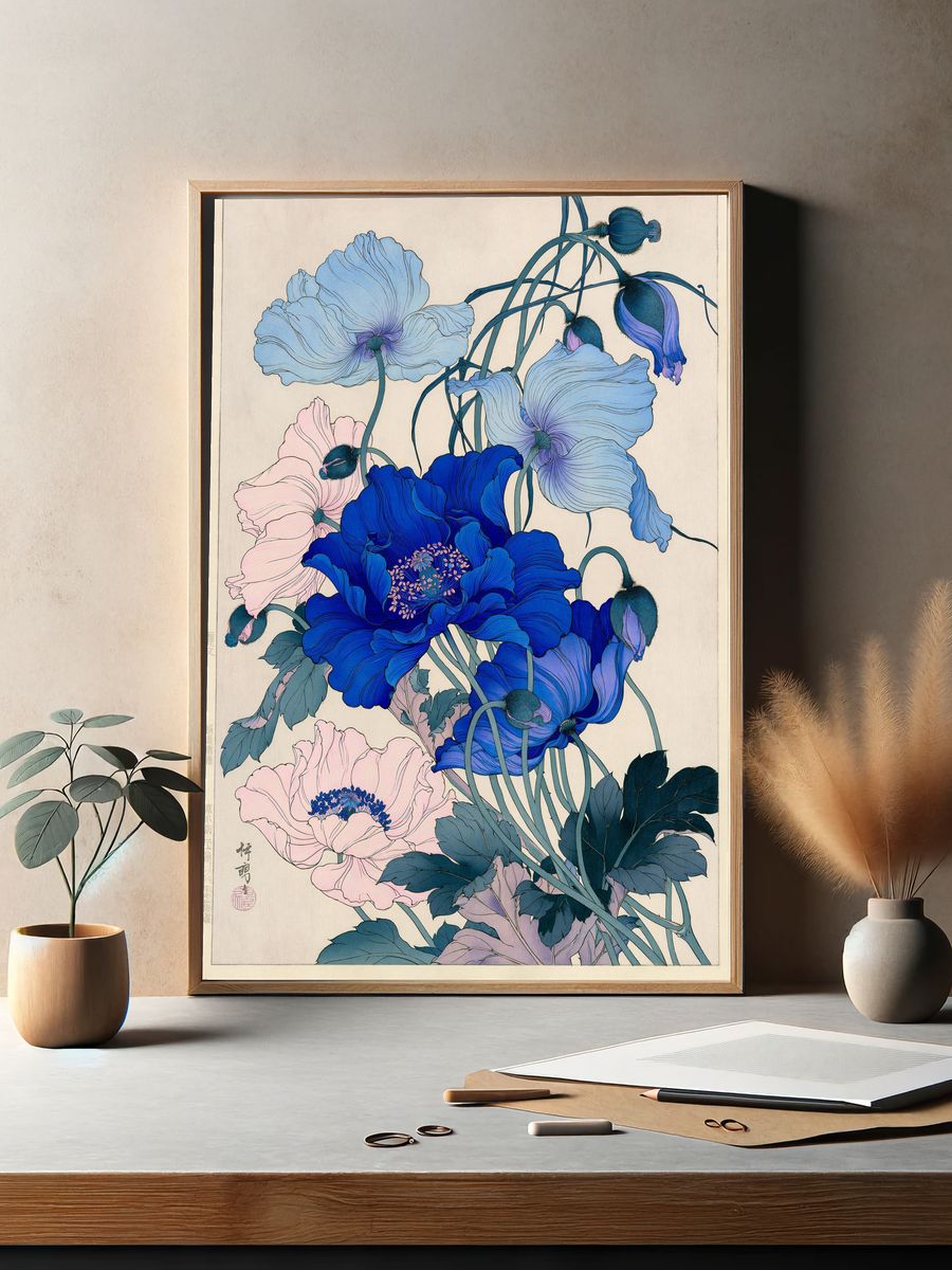 Blue Peonies Botanical Print. — room view 2