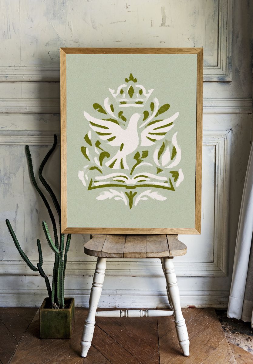 Dove and Book Botanical Poster. room preview