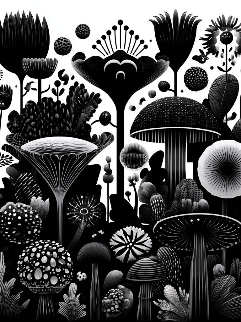 Monochrome Mushroom Garden Print. poster detail
