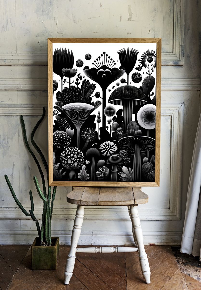 Monochrome Mushroom Garden Print. room preview
