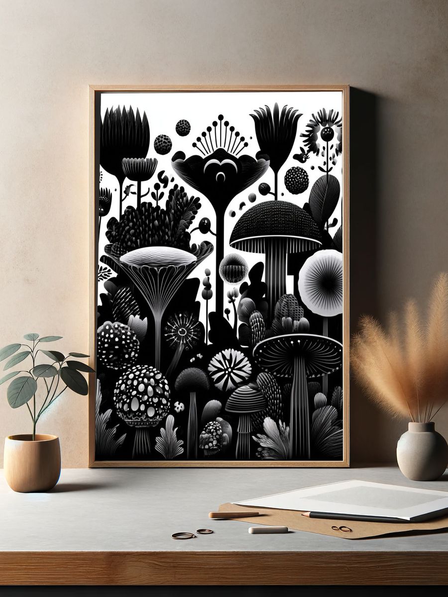 Monochrome Mushroom Garden Print. — room view 2