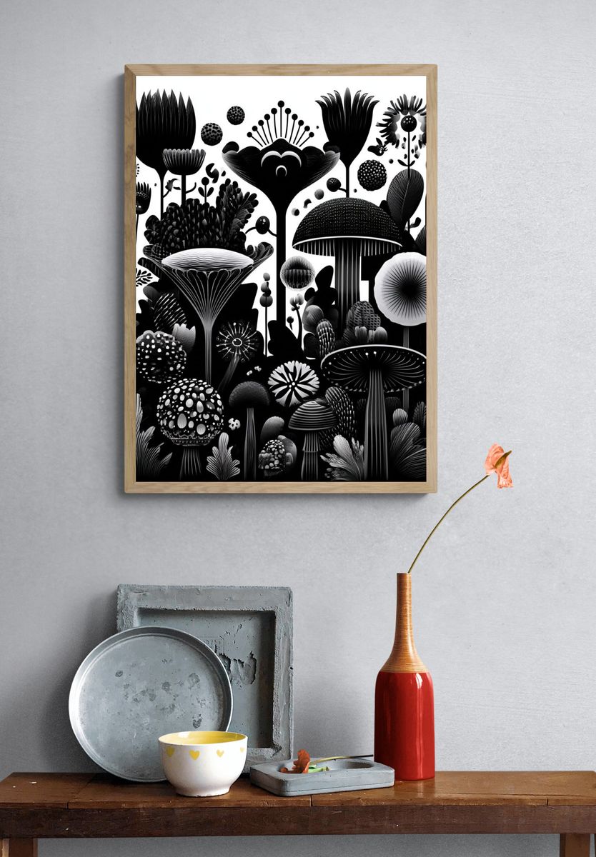 Monochrome Mushroom Garden Print. — room view 3