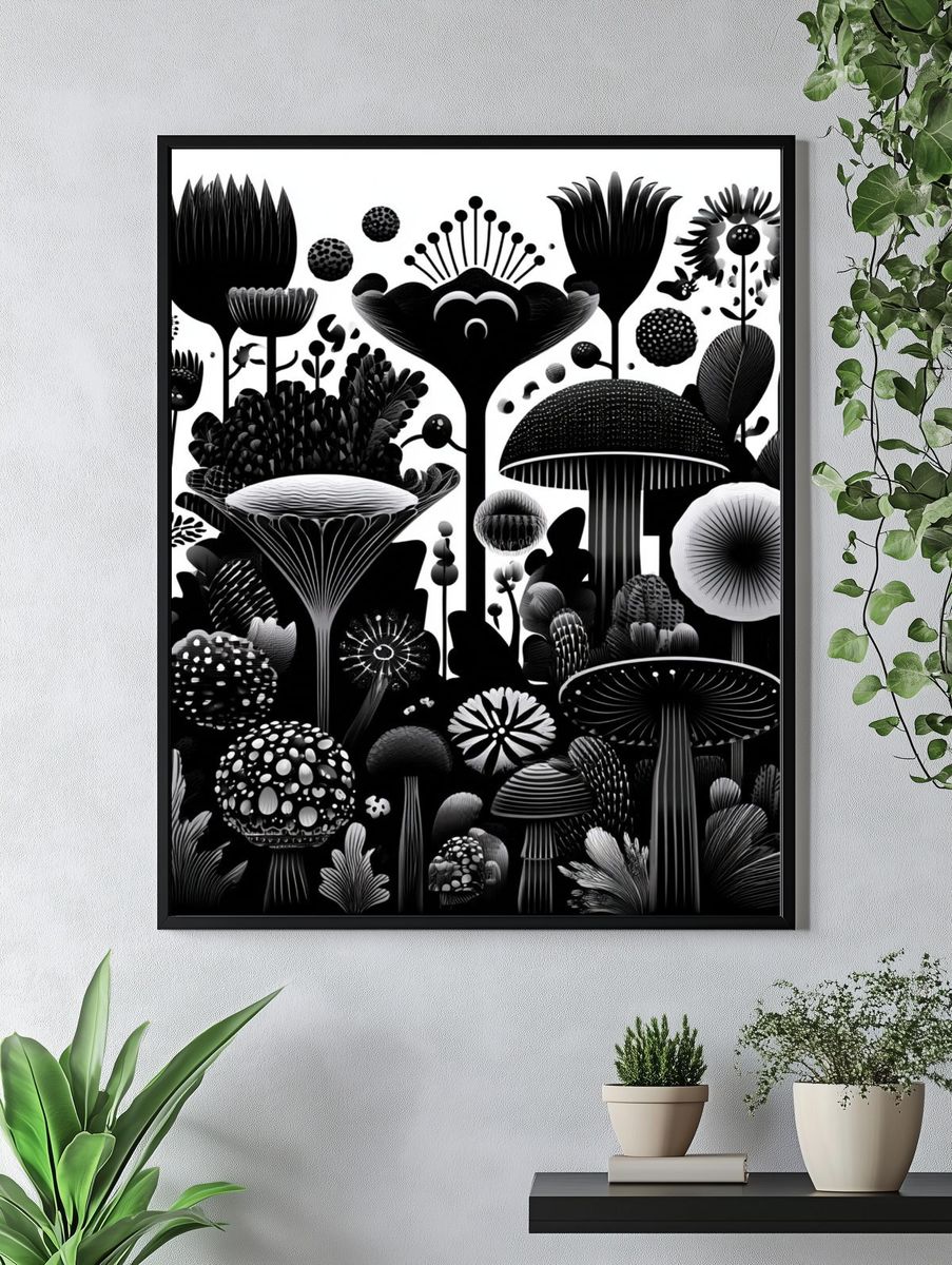 Monochrome Mushroom Garden Print. — room view 4