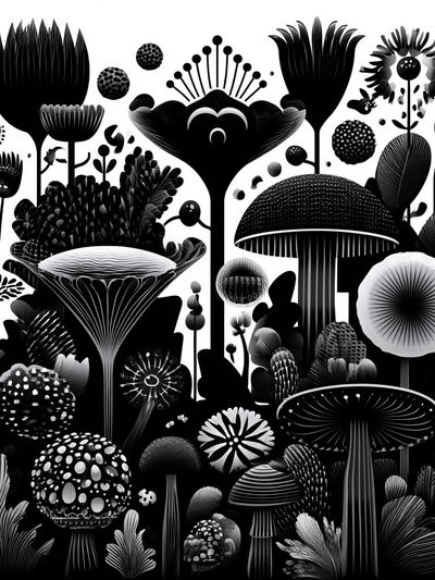 Monochrome Mushroom Garden Print.