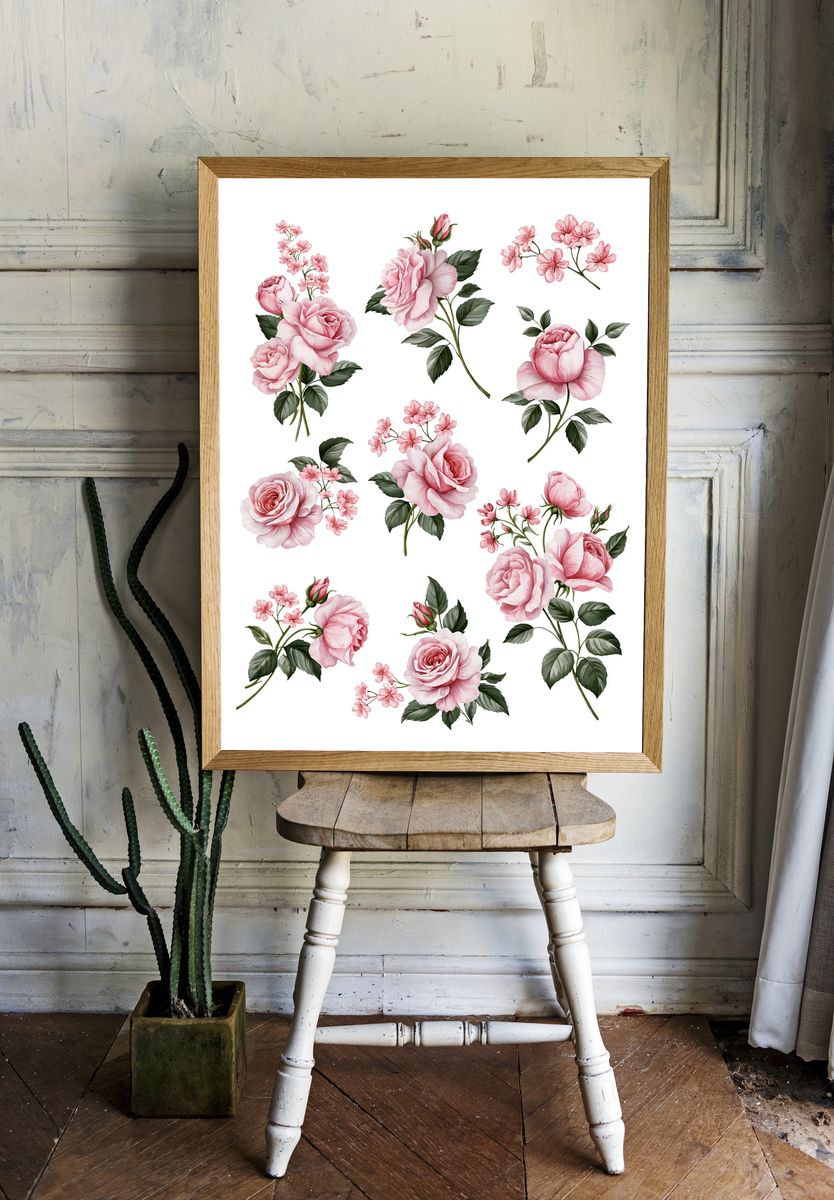 Pink Roses Botanical Print. room preview
