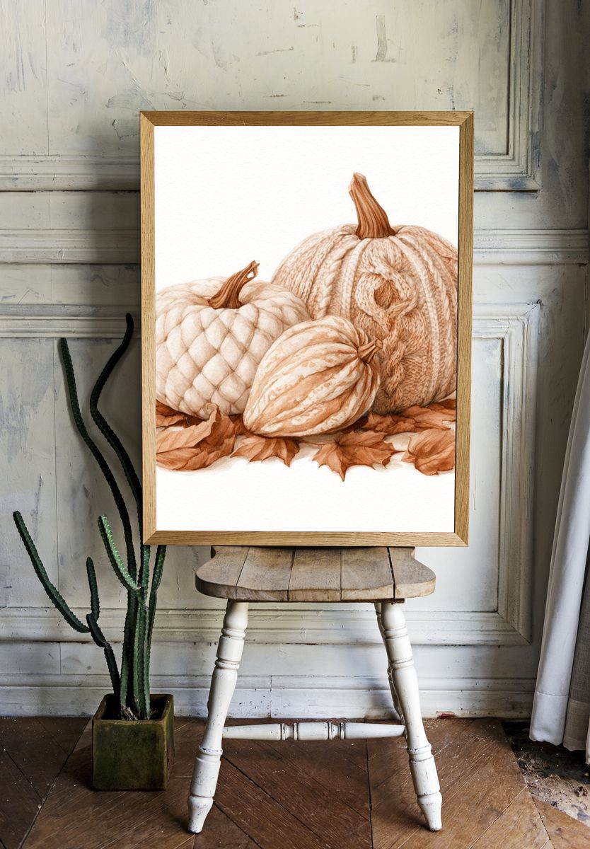Autumn Pumpkins Watercolor Print. room preview