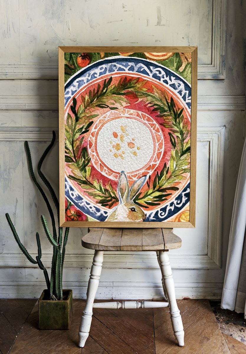 Botanical Wreath Rabbit Poster. — room view 1