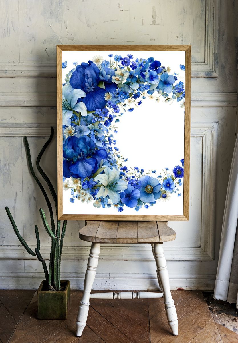 Blue Floral Wreath Watercolor Print. room preview