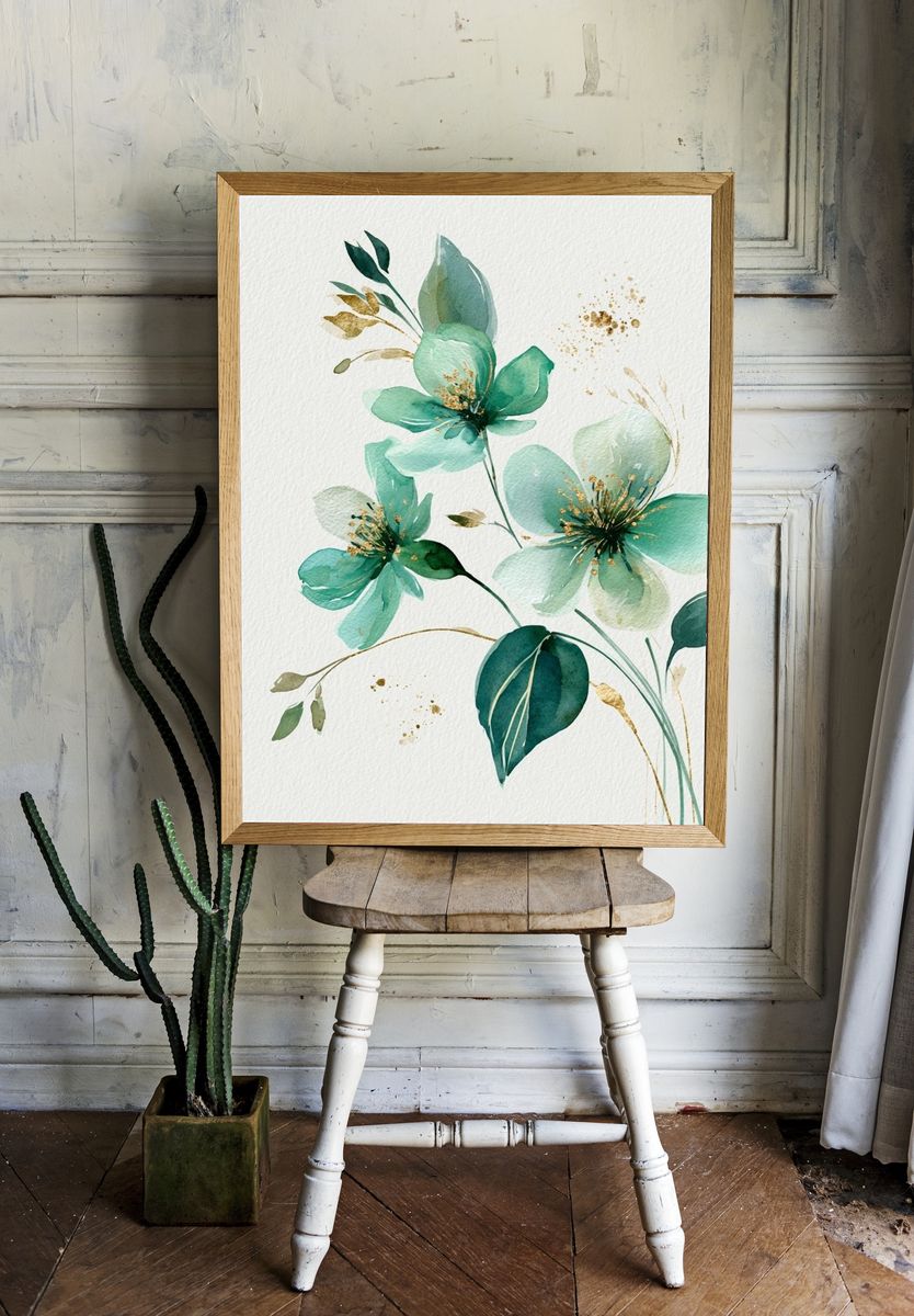 Teal Floral Watercolor Poster. room preview