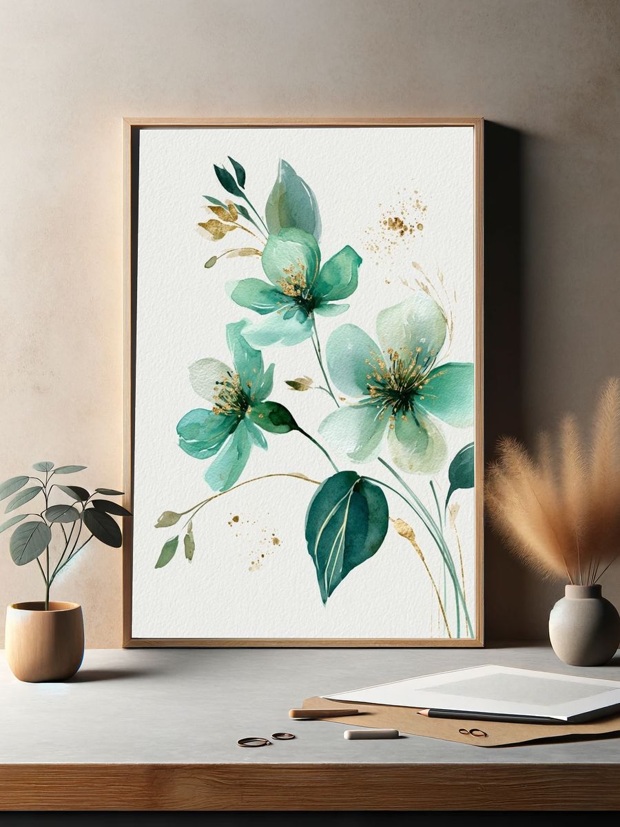 Teal Floral Watercolor Poster. — room view 2